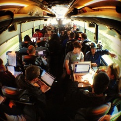 Inside the StartupBus, California participants plan the next big tech company, during the 2010 competition. More photos and diary blogs reports on Singly.com