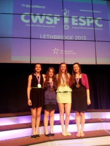 L to R: – Terra Lanteigne (Bedford Academy), Nicole Poirier (Bedford Academy), Hannah Miles (Sir John A. MacDonald) and Julia Sarty (Citadel) were among the students who participated in the 2013 Canada-Wide Science Fair (CWSF) in Lethbridge, AB.
