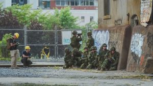 soldiers in urban street scene