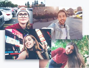 smiling faces in various settings appear in a group of four selfies