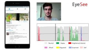 smartphone, man's face, computerized activity readout are shown in montage