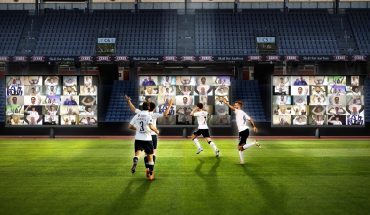 computer grphic shows soccer players on pitch, virtual fans in stands