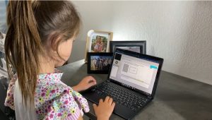 young female uses laptop computer in home settng