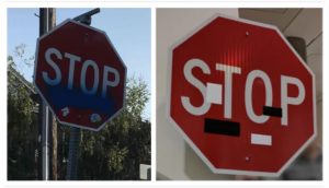 two stops signs with random shapes and colours affixed to them