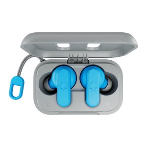 sky blue earbuds in case