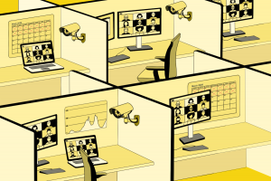 graphic shows various workplace cubicles each with computer and video camera