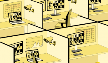 graphic shows various workplace cubicles with computers and video cameras