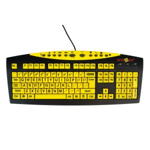 computer keyboard with large yellow letter keys
