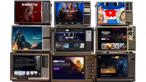 TV sets with popular streaming media shows on screen