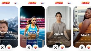 Blush, the new artificial intelligence dating app, shown on various screens.