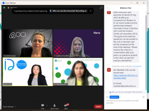 an online webinar screen shot shows four women in discussion with comments and chat box at right.