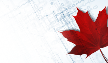 Red maple leaf image of Canada against digital graphic background
