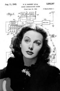 black and white portrait of Hedy Lamarr superimposed over technical blueprints