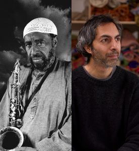 at left, man with saxophone pictured in black and white; at right, man in black sweater is pictured in colour