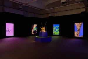 large video moniroes with flowery images upon them are shown in darkened gallery space; a sculpture sits in the middle of the screens