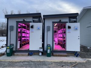 two vertical farms set-up inside small modular containers