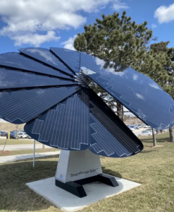 A large mounted solar array looks like a giant flower with metal petals
