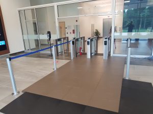 biometric floor tiles installed at turnstile entryway
