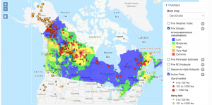 map of Canada with fires, fire threats indicated
