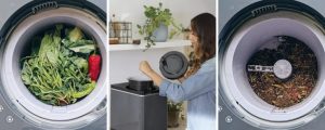 Three-way image shows food waste in bucket at left, woman working with unit in middle, at right, the end result looks like soil.