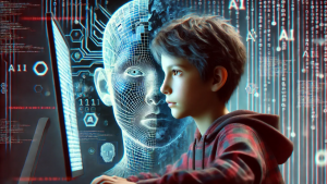 AI generated image shows young boy sitting at computer
