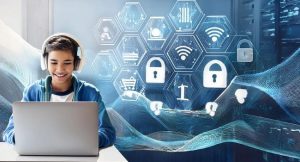 AI generated image shows young person sitting with laptop computer