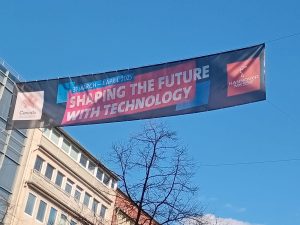 banner hangs outside of convention centre