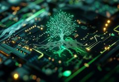 a green tree 'grows' out of a computer chip