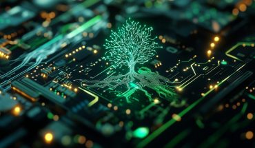 a green tree 'grows' out of a computer chip