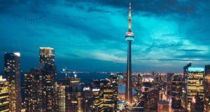 Toronto skyline at night, buildings with brightly-lit windows