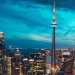 Toronto skyline at night, buildings with brightly-lit windows