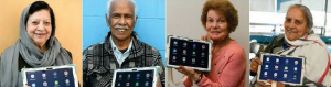 four senior citizens each hold up a smart tablet