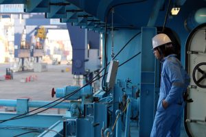ship crew member looks at cargo loading area