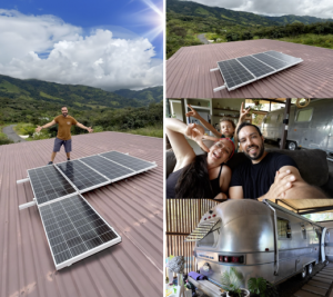 multiple images show solar panels on roof, people living in solar home, solar powered Airstream RV
