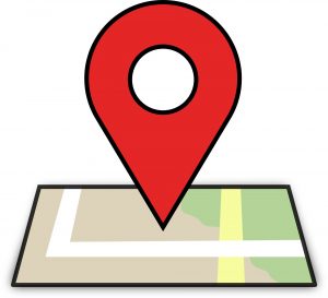 coloured graphic shows location marker pointing to place on map
